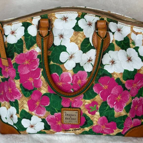 Dooney & Bourke Pink & White Pansy Flower Design With Basketweave Satchel - Picture 12 of 16